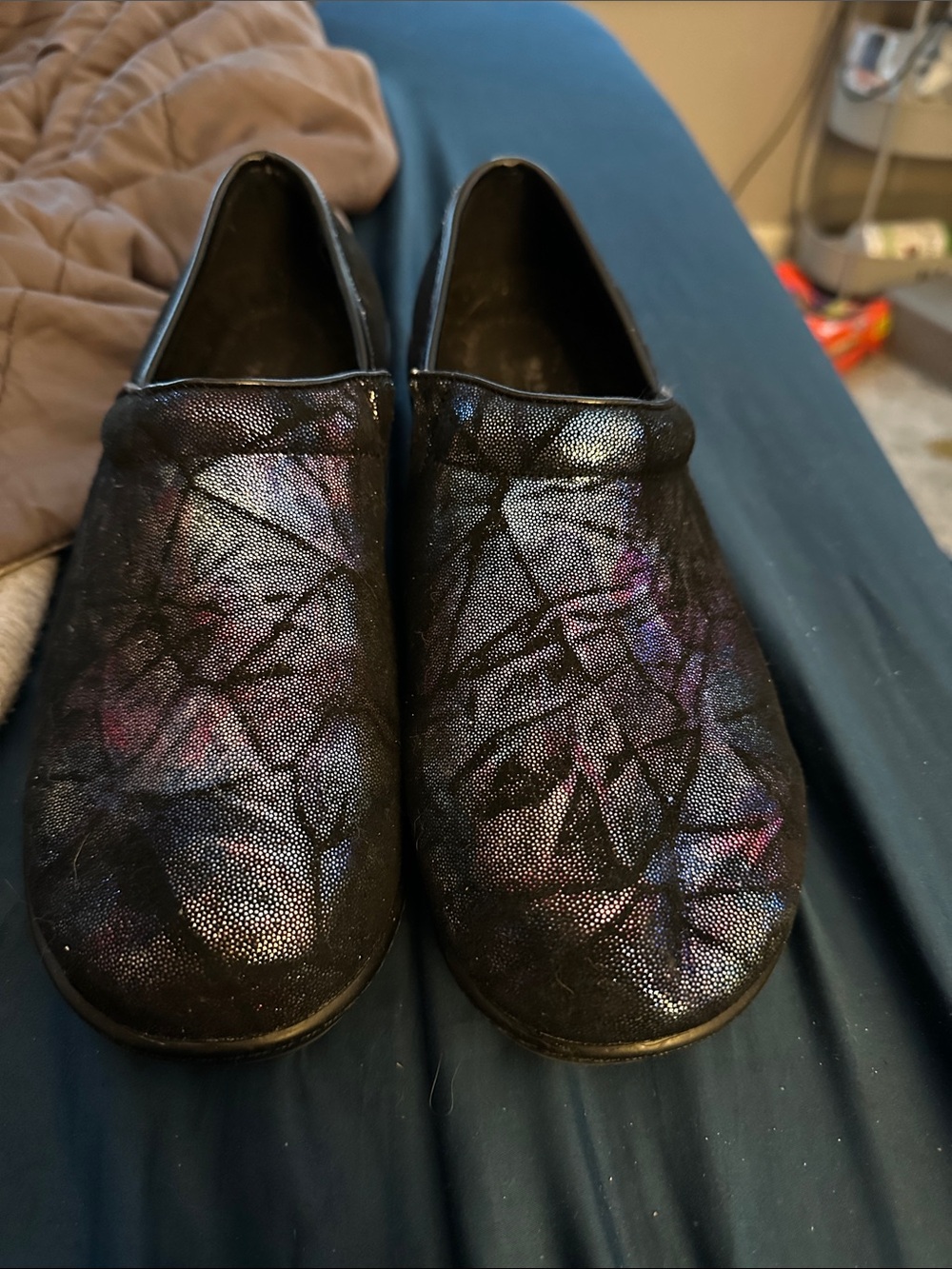 Spring Step Black Iridescent Slip-Ons with Purple & Blue Sheen